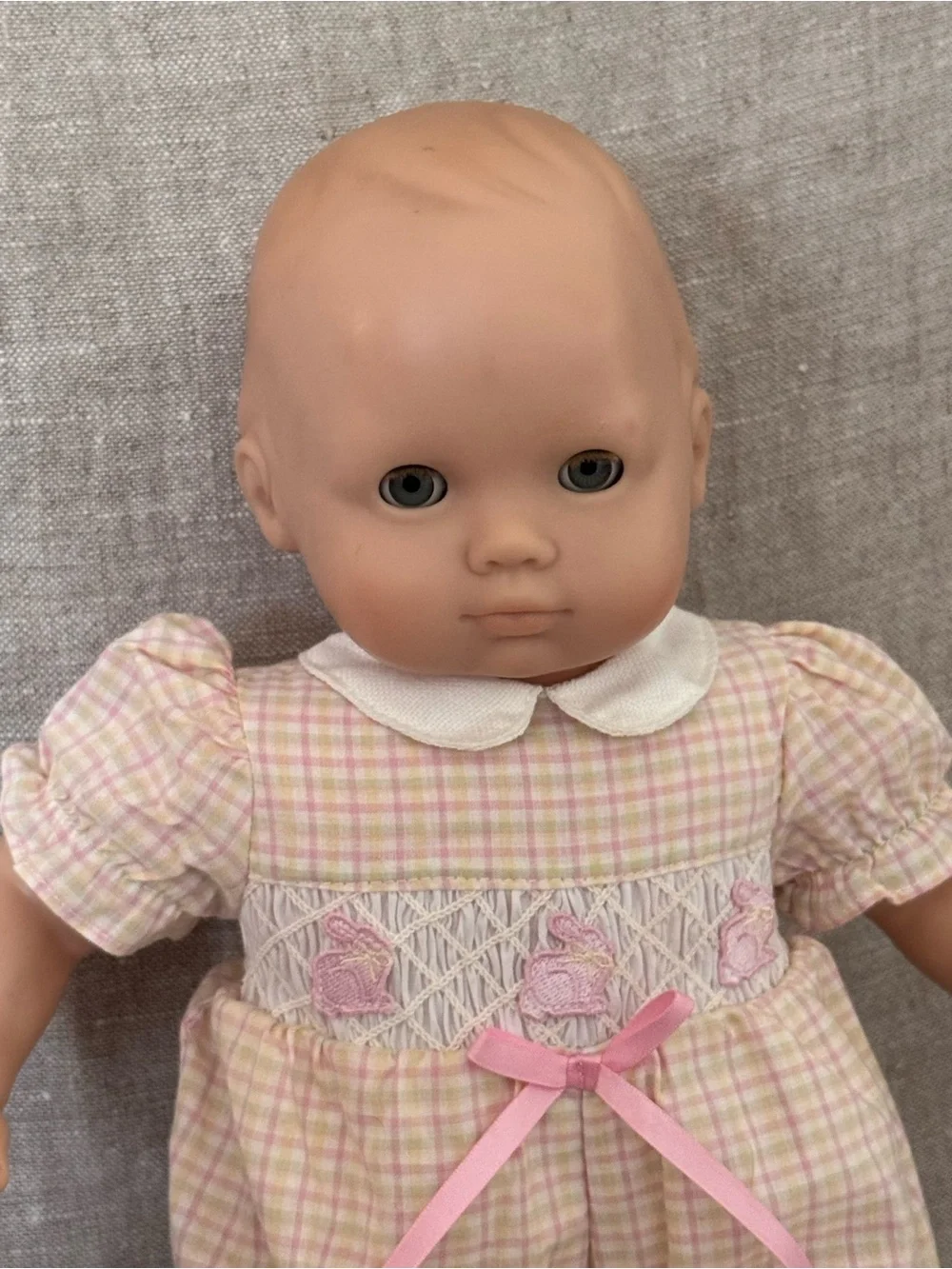 90s Bitty Baby blonde grey eye doll w/ Spring bunnies romper